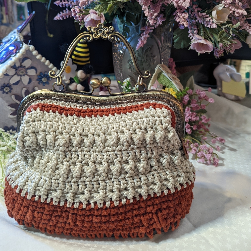 Handmade crochet bag with metal handle and Clasp
